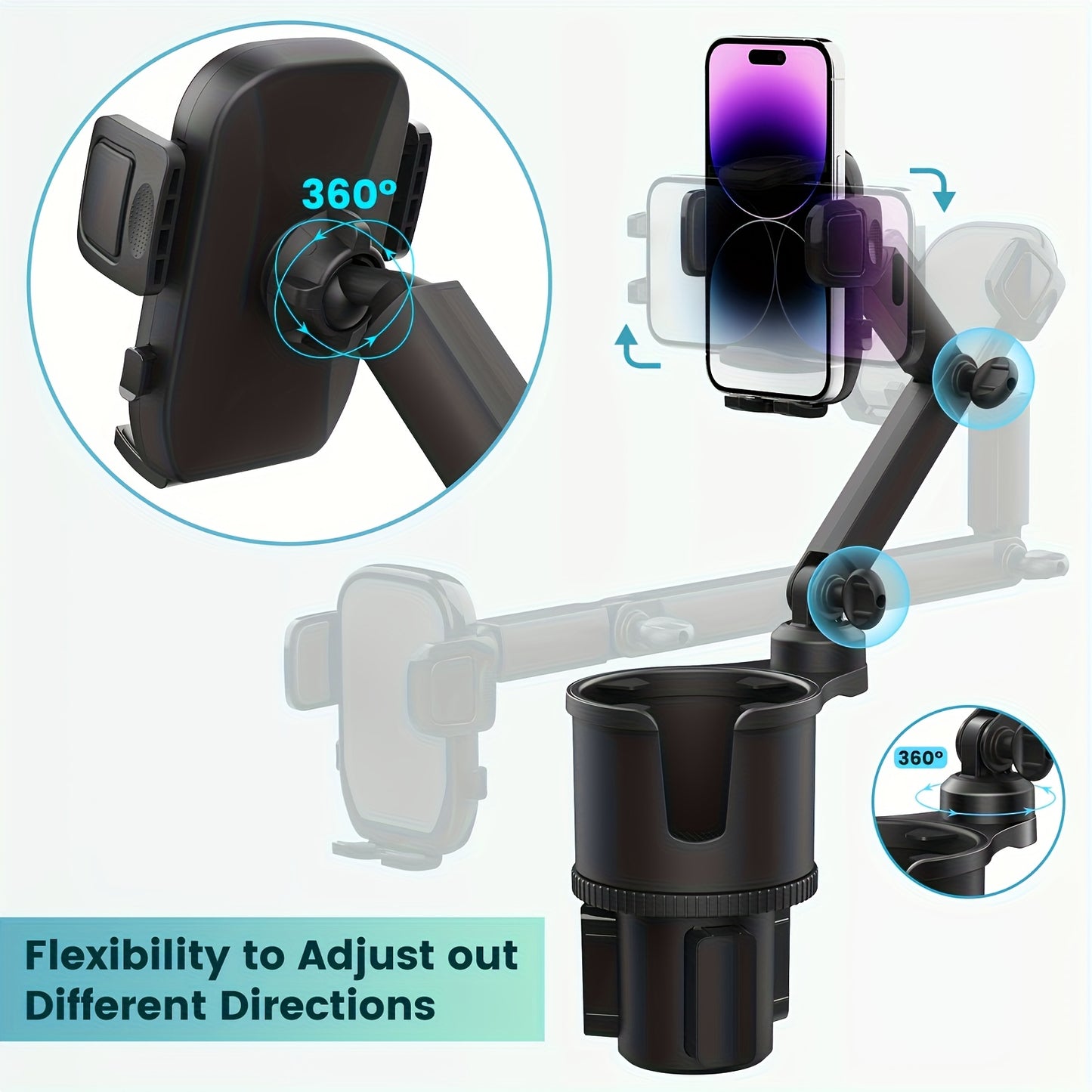 1 In-car 2-in-1 Holder, Versatile Portable Swivelable Car Phone Cup Holder for Cars, SUVs, Trucks, with Shock Trim, Black Car Cup Holder Extender