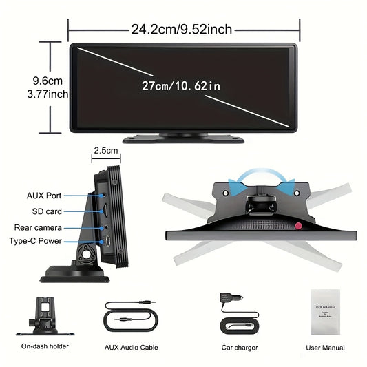 Introducing The Latest 10.26-Inch Wireless Car Display, Equipped with Integrated Car Audio, a Touchscreen Interface, a 720P HD Backup Camera, a Dashcam, Wireless Connectivity, GPS Navigation