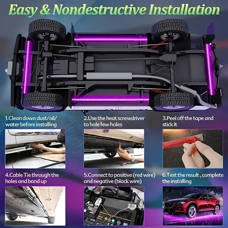4pcs Colorful Automotive LED Chassis Light Strip, Remote APP Dual Control Ambient Neon Light Kit, DC12V, 16 Million Colors Available, Cool And Eye-Catching at Night, Suitable for Cars, Pickup Trucks, Suvs, Etc., Let Every Journey, All Dazzling