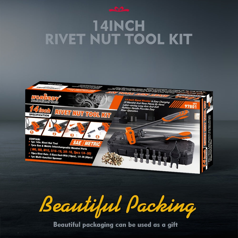 HORUSDY Rivet Nuts Tool, 14" Hand Rivet With 7 Metric & Inch Mandrels, 70pcs Rivet Nuts And Rugged Carrying Case, M6 M8 M10 1/4-20 5/16-18 3/8-16