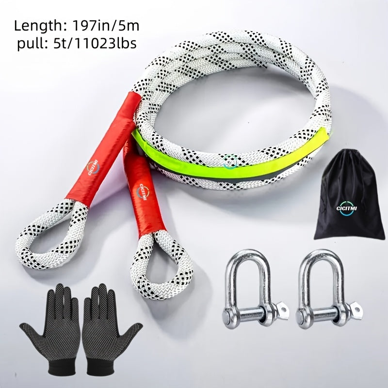 1 Heavy-duty Tow Hook And Tow Rope Set, 196.85inch Tow Hook And Tow Rope Set, Suitable for Off-road Rescue Of SUVs And Vehicles, Equipped with 2 Steel U-shaped Hooks, for Front Use, Suitable for Vehicles Weighing 135 Pounds Or Less