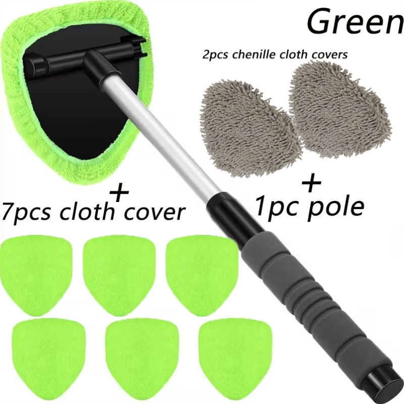 10pcs Microfiber Car Windshield Cleaning Tool Kit with Telescoping Handle And 4 Wipes - Heavy Duty Extension Pole, Durable Plastic Material, for Interior/Exterior Glass, Car Cleaning Tools, Vehicle Maintenance, Ergonomic Handle