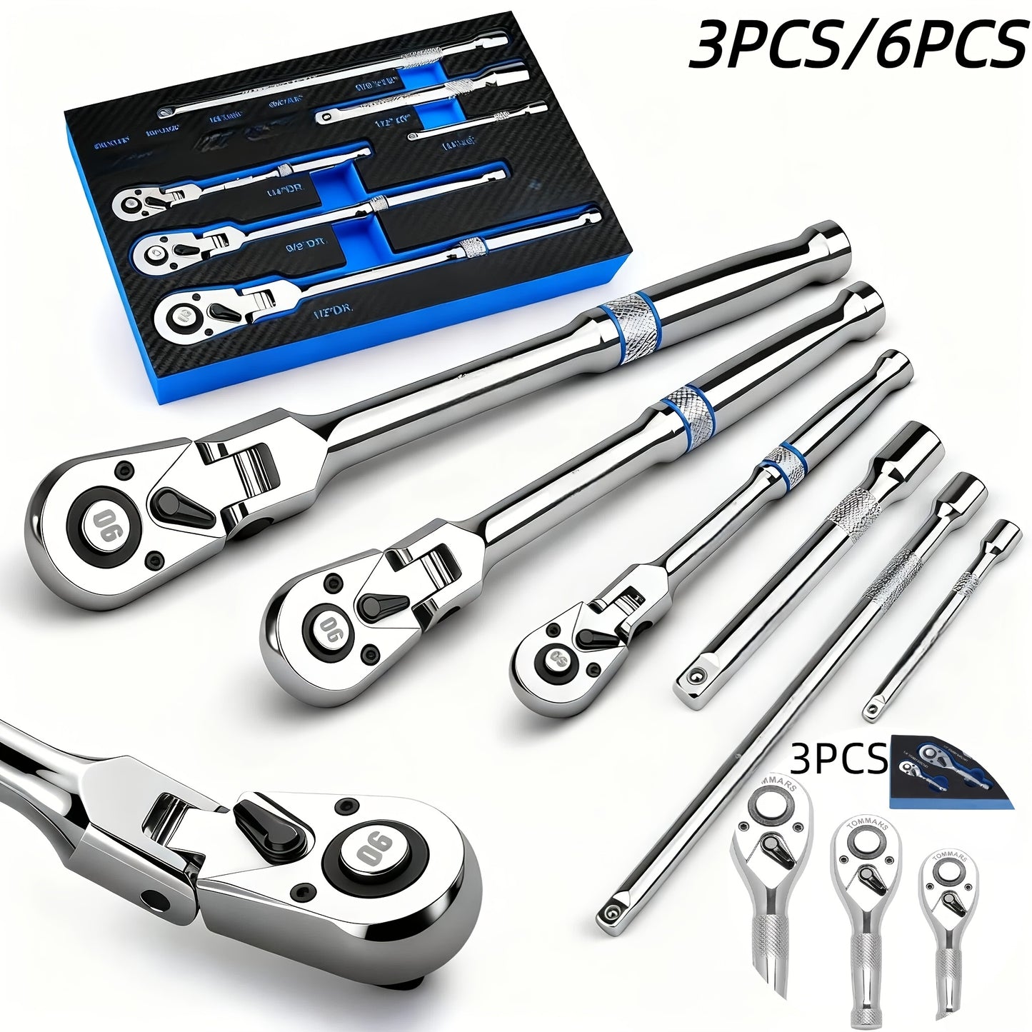 6pcs/3pcs Twist Head Ratchet Set, 1/4", 3/8", 1/2" Drive, Twist Head Ratchet Wrench with Extension Bar, 72 Teeth, 180° Adjustable, Quick Release, Flexible Ratchet Handle with EVA Foam.