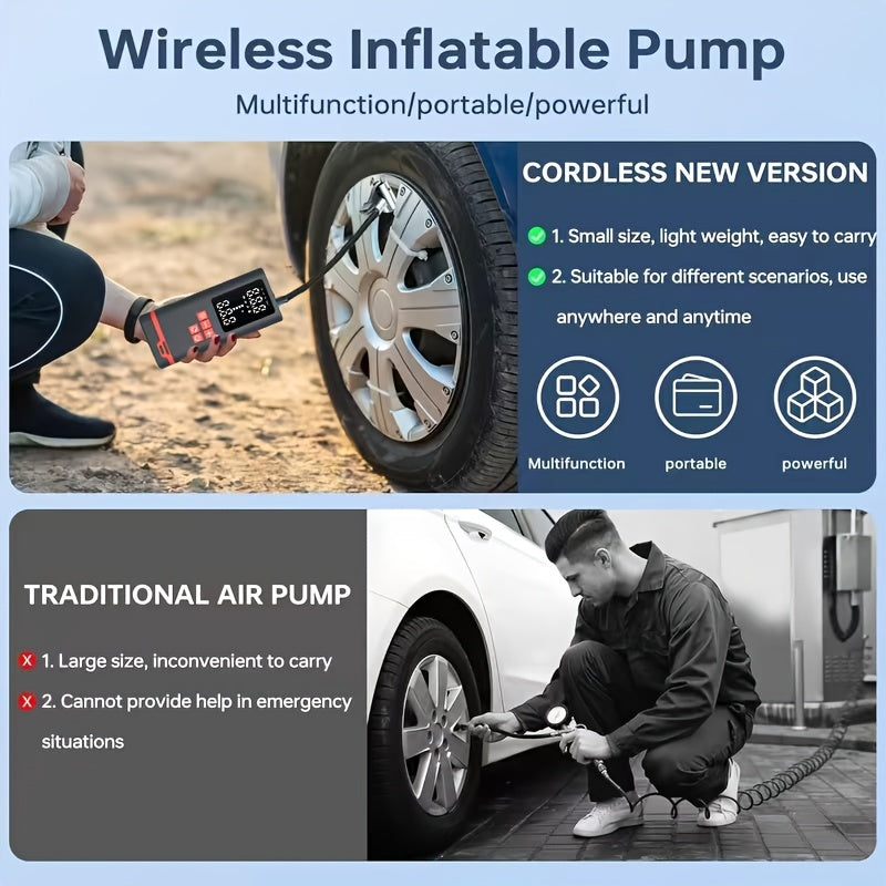 Portable Tire Inflator Air Compressor, Quick Wireless Air Pump, with Digital Display Screen, LED Light, USB Charging, Includes Multi-Function Nozzle Adapter, Lithium Battery, Suitable for Car, Motorcycle, Bicycle Tires, Balls, Car Parts, Sports Balls