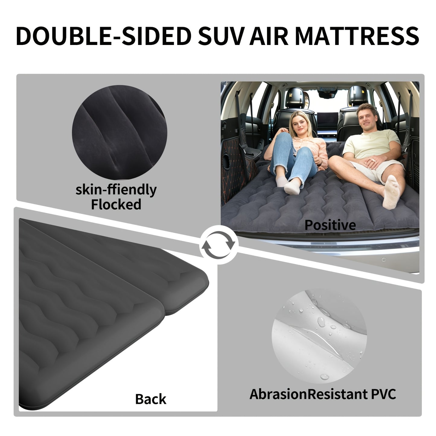 SUV Air Mattress: Inflatable Car Air Mattress for Camping, Flocking Car Bed with Air Pump And 2 Pillows, Portable Sleeping Pad Mattress for Home Car Travel Camping Black