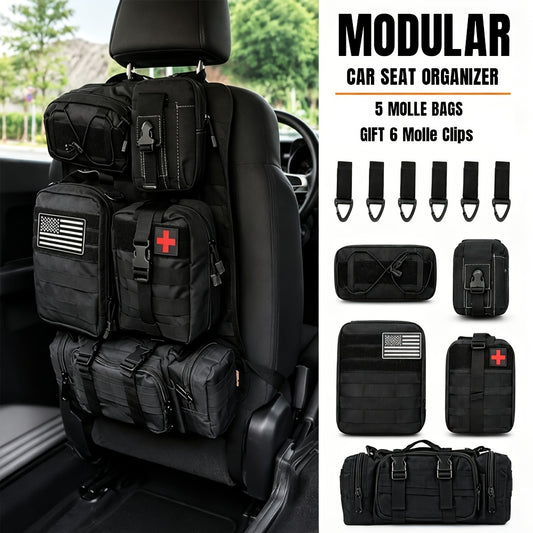 Car Seat Back Organizer with 5 MOLLE Pouches – Truck SUV Jeep Vehicle Panel Storage + 6 Keychains