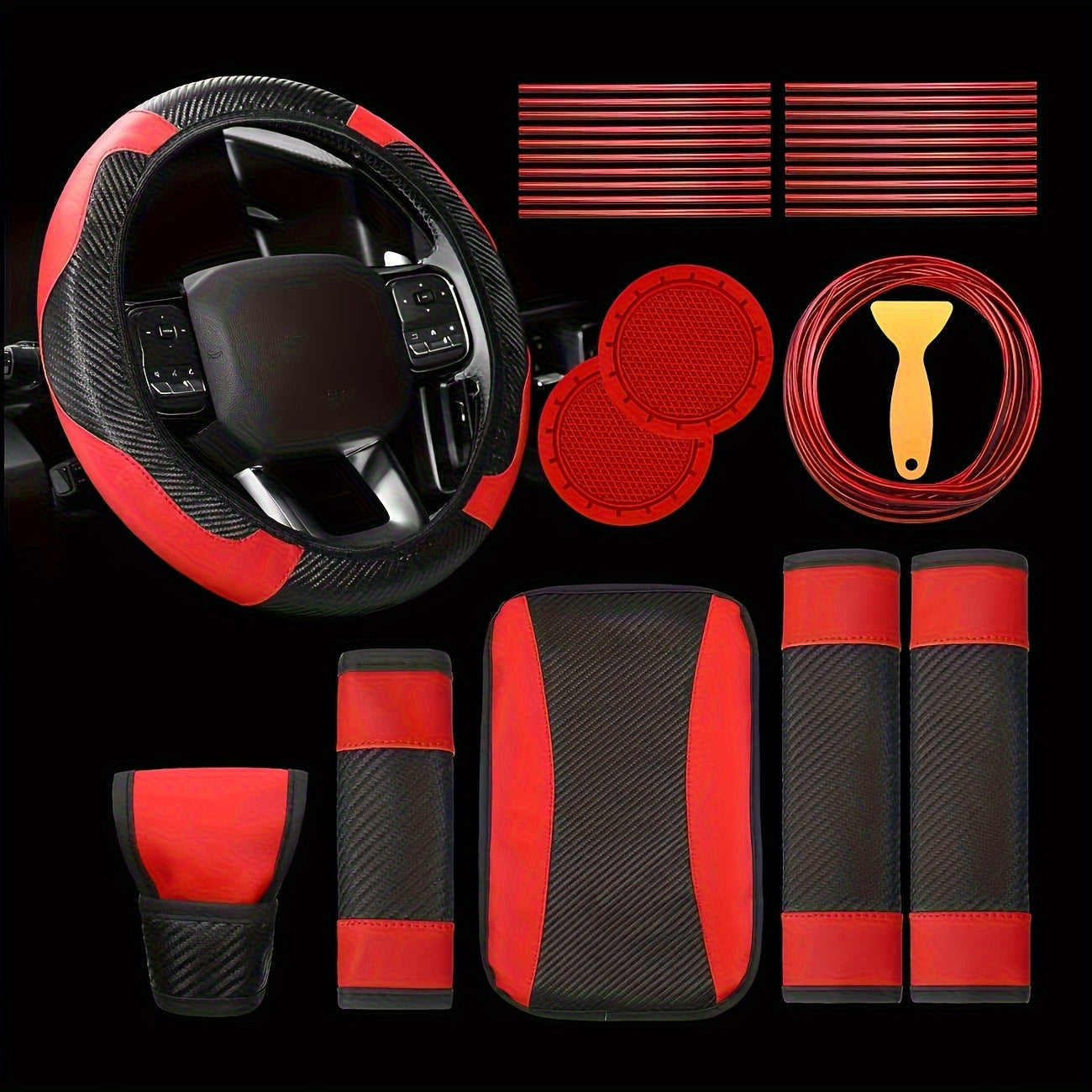 30pcs PU, Carbon Fiber Car Steering Wheel Cover, Car Air Outlet Decorative Strip Simple and Easy to Install, Universal Model