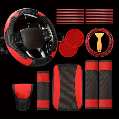 30pcs PU, Carbon Fiber Car Steering Wheel Cover, Car Air Outlet Decorative Strip Simple and Easy to Install, Universal Model