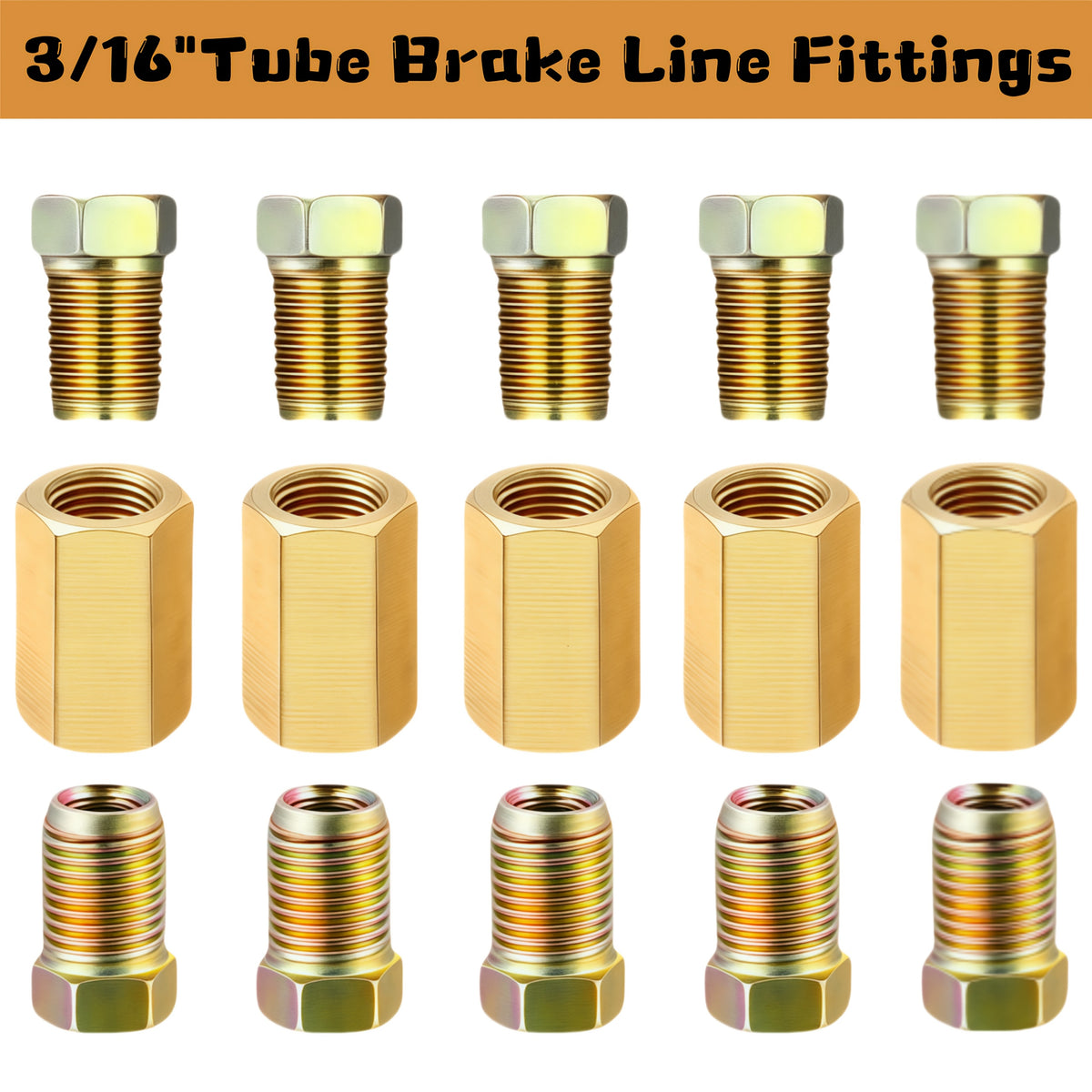 Brake Line Fittings Assortment – 3/16" 1/4" 5/16" 3/8" Tube, Inverted Flare Union Connectors, Multiple Thread Sizes with Hose Clamps