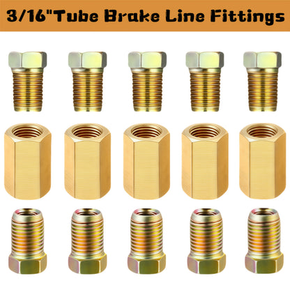 Brake Line Fittings Assortment – 3/16" 1/4" 5/16" 3/8" Tube, Inverted Flare Union Connectors, Multiple Thread Sizes with Hose Clamps