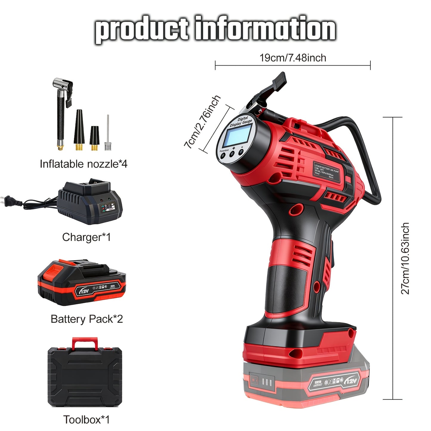 20V Portable Air Compressor, 980kPa Tire Inflator with Digital Display, Powered by NO/One/Two 1500mAh Rechargeable Battery, Includes 12V Car Adapter & Mini USB Connector, for Cars, Motorcycles, Bicycles, and Sports Balls
