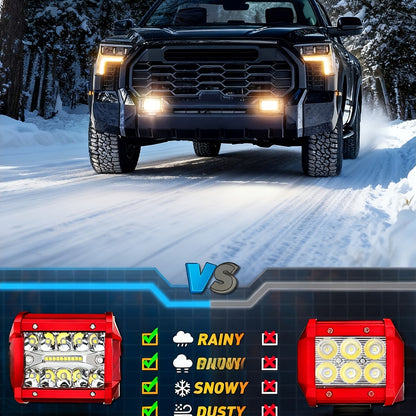 [LED Pod Lights] 4 Inch LED Pod Lights, Flood LED/Driving/Off Road Lights LED Light Bar With 2 Leads Wiring Harness, Cube Pods For Truck Boat ATV UTV, 2pcs Red, Without Battery