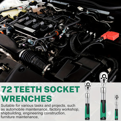 3-Piece Extendable Ratchet Set, 1/4 3/8 1/2 Inch Extendable Socket Wrench, Ratchet Wrenches Set 72-Tooth Quick-Release, Soft Grip Handle, Release Reversible Gear Torque Spanner Mechanical Tools