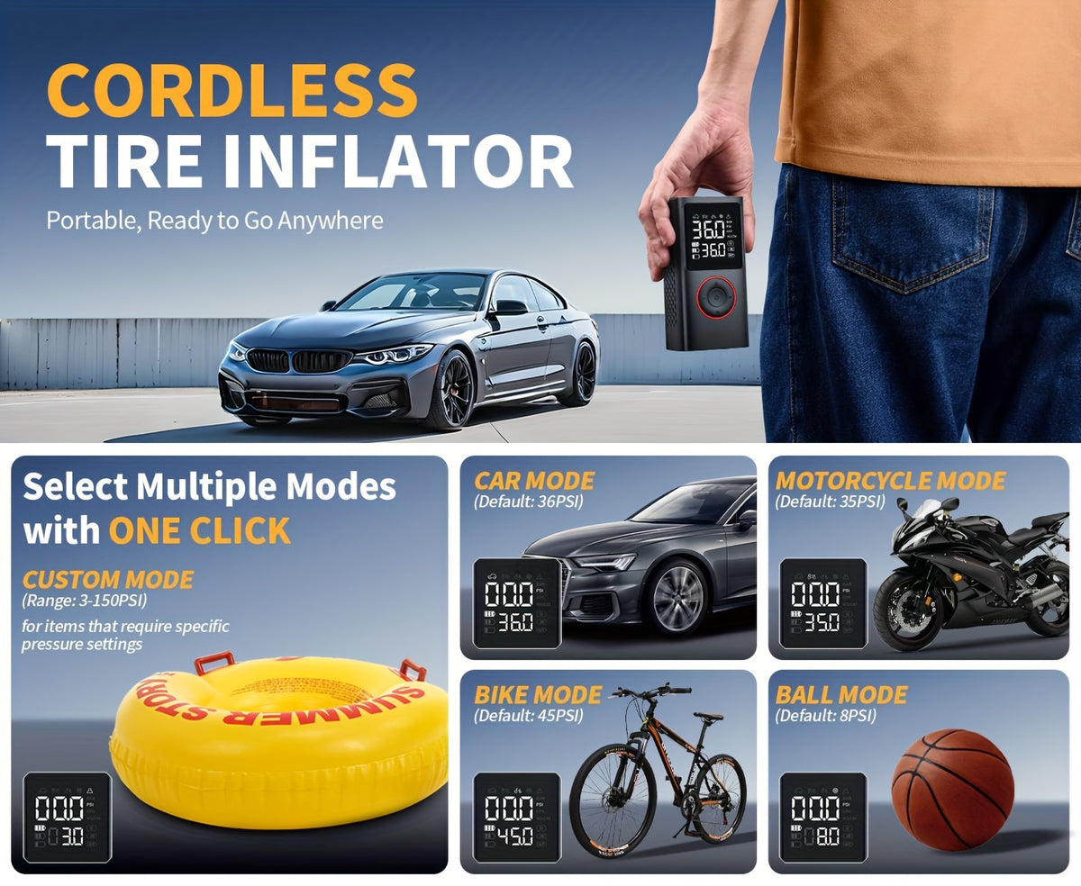 Portable Cordless Tire Inflator – 150PSI Fast Inflation Air Compressor with Digital Gauge, LED Light & Auto Shut-Off for Cars, SUVs, Motorcycles & Bikes