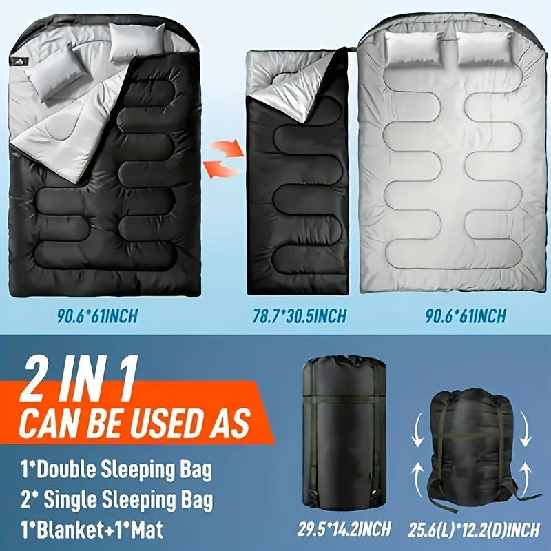Fits RV Double Sleeping Bag for Adults Men with Pillow, XL Queen Size Two-Person Sleeping Bag for All-Season Camping Hiking Backpacking 2-Person Sleeping Bags for Cold Weather And Warm
