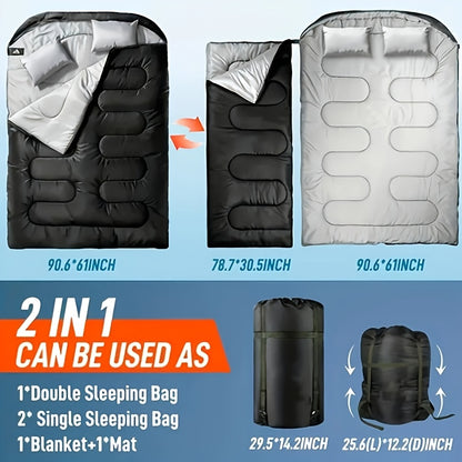 Fits RV Double Sleeping Bag for Adults Men with Pillow, XL Queen Size Two-Person Sleeping Bag for All-Season Camping Hiking Backpacking 2-Person Sleeping Bags for Cold Weather And Warm