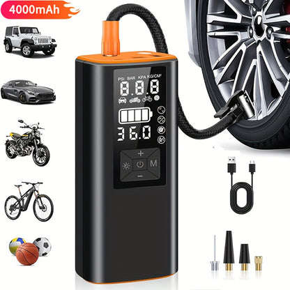Portable Tire Inflator Air Compressor 150PSI – 6000mAh Rechargeable, USB-C, Dual Screen, Auto Shutoff, LED Light, 4 Modes for Car, Motorcycle, Bike & Ball