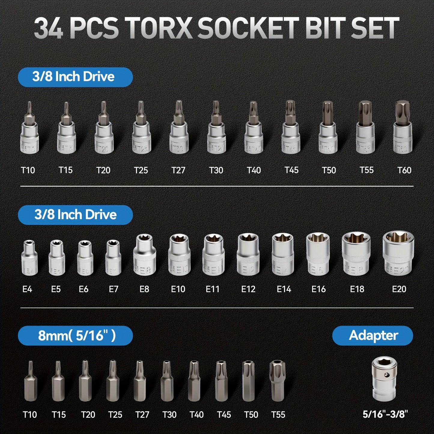 34/34+12pcs 3/8'' Drive Torx Star Bit Sockets CR-V E-Socket Set, E4-20, T10-60, Tamper Proof Set TT10-TT55, 5/16"F to 3/8"M Adapter with Storage Case,S2 Steel, Ideal for Car,Trucks,Home Improvement
