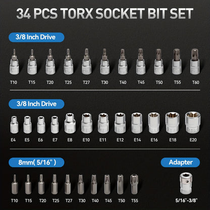 34/34+12pcs 3/8'' Drive Torx Star Bit Sockets CR-V E-Socket Set, E4-20, T10-60, Tamper Proof Set TT10-TT55, 5/16"F to 3/8"M Adapter with Storage Case,S2 Steel, Ideal for Car,Trucks,Home Improvement
