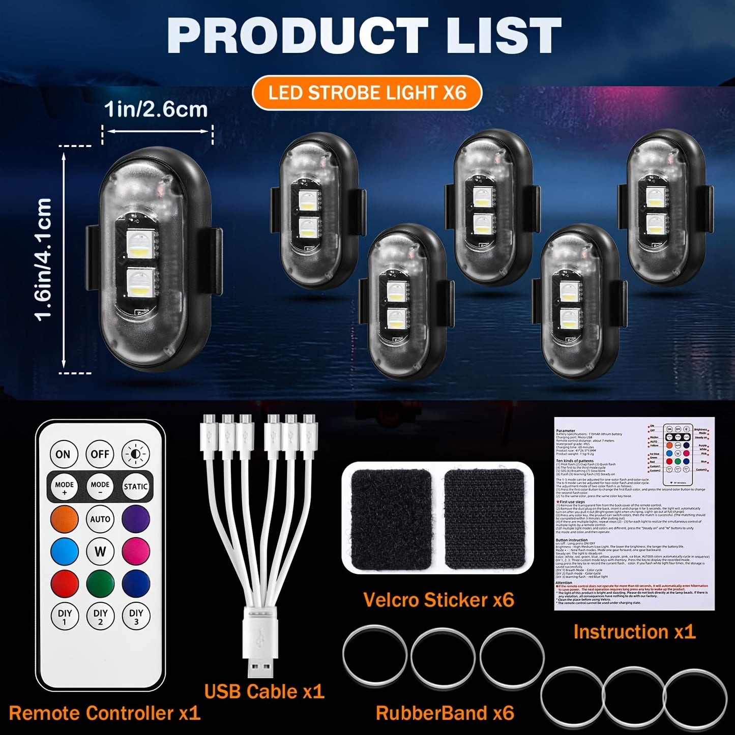 4/6 Pack Car Lights with Remote Control, Strobe Light 8 Colors USB Charging IP65 Waterproof Anti-Collision Warning Light for Car Interior Truck Motorcycle Drone Aircraft Bicycle