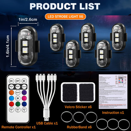 4/6 Pack Car Lights with Remote Control, Strobe Light 8 Colors USB Charging IP65 Waterproof Anti-Collision Warning Light for Car Interior Truck Motorcycle Drone Aircraft Bicycle