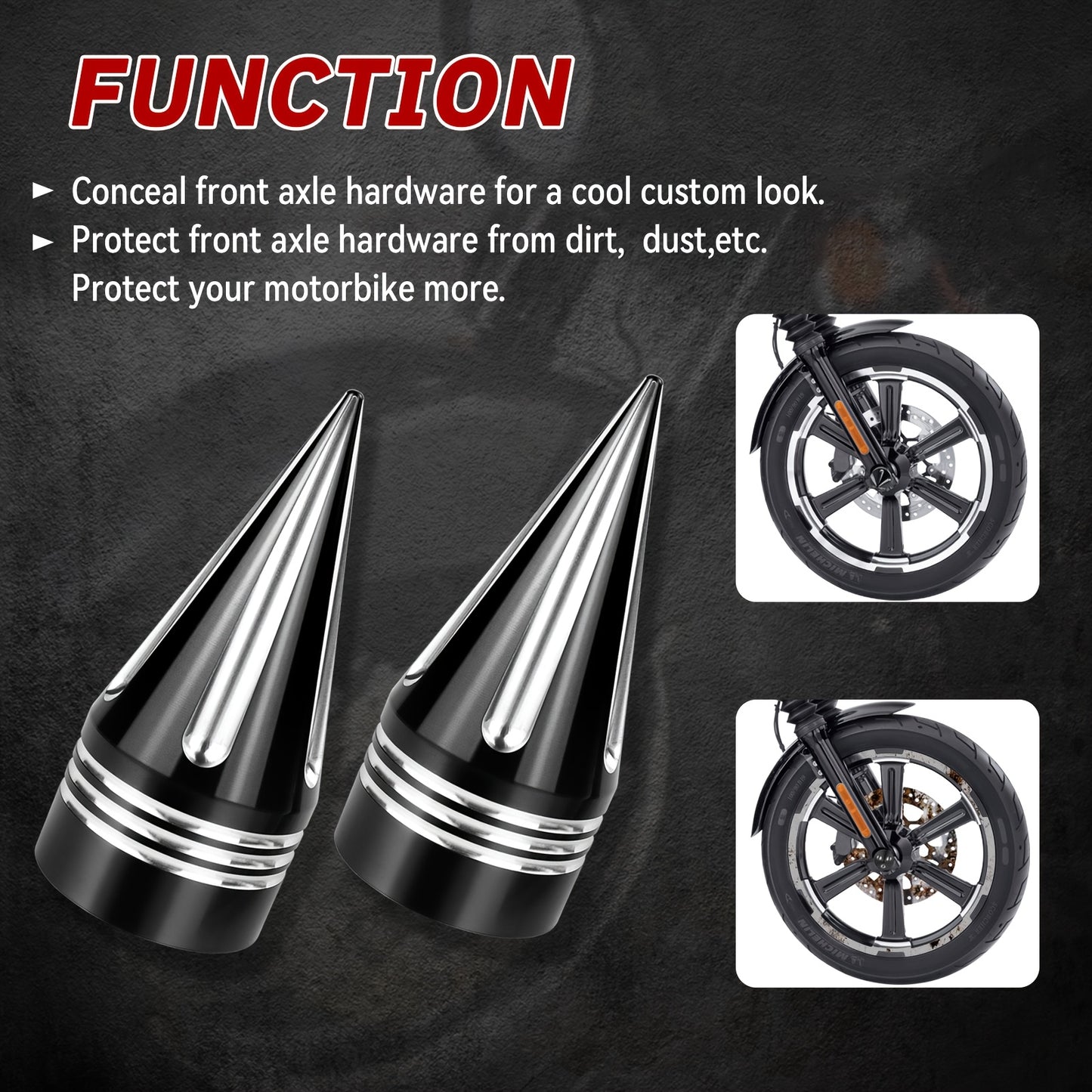 Motorcycle Front Axle Nut Covers CNC Spike Caps 3.6" – Fits Harley Touring Street Glide Road King Electra Glide Tri Glide 2008+, Black & Silver, Pair