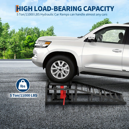 2 Pack Hydraulic Car Ramps - No Installation Required, 5T/ 11000LBS Max Load Low Pro-File Car Lift Service Ramps, Heavy Duty Steel Hydraulic Vehicle Ramps for Car Truck Trailer Garage Repair, Ideal Christmas Birthday Gifts for Women Men Friends