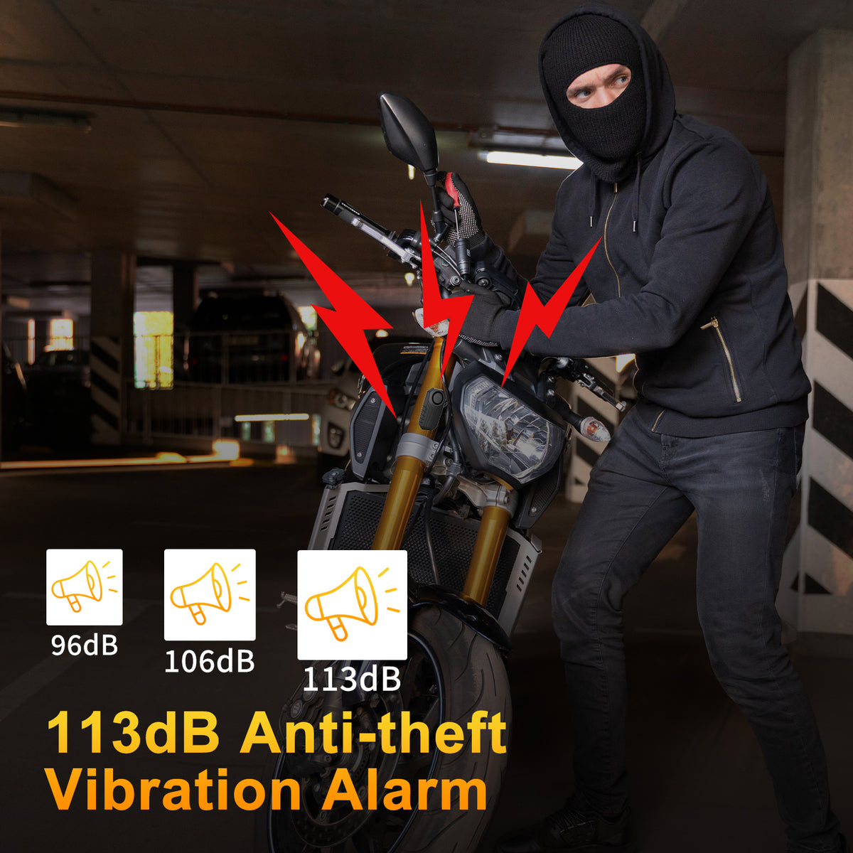 Motorcycle Alarm Anti-Theft with Remote – 113dB Loud Siren for Moped Scooter Bike, Adjustable Sensitivity, Universal Handlebar Strap, Easy Install