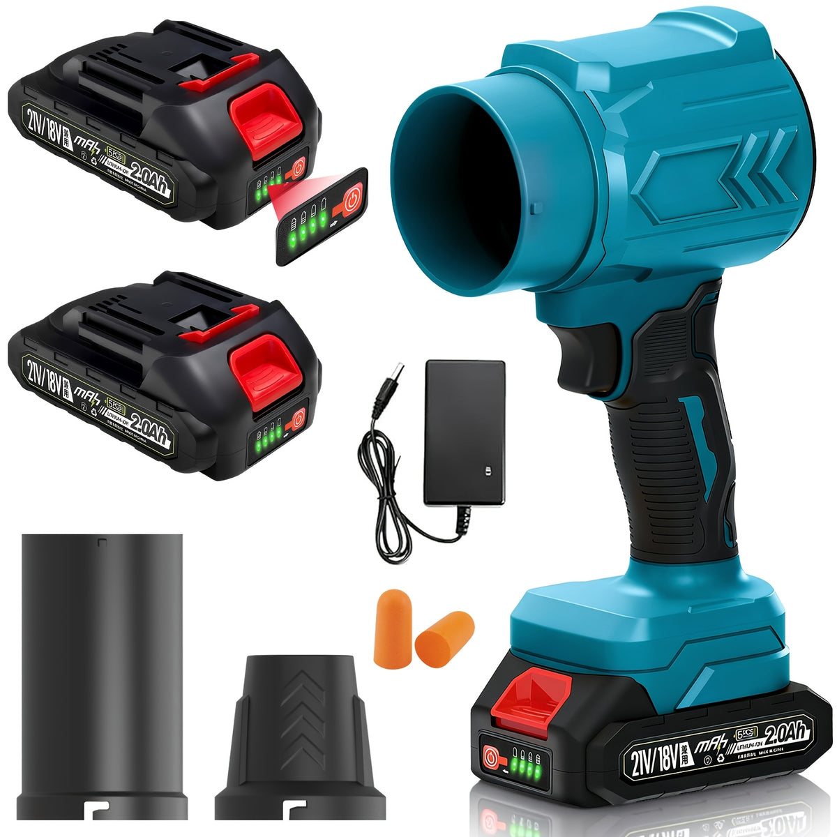 Cordless Handheld Leaf Blower 45000RPM Turbo – 2 Batteries & Charger Included, Air Duster & Car Dryer Blower for Small Spaces, Dual Air Duct Attachments