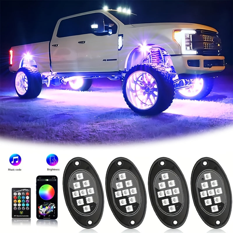 RGB LED Rock Lights Kit 9-LED Pods Sound-Activated App & Remote Control Multicolor Underglow Neon for Trucks SUVs Pickups Off-Road Vehicles 4 6 8 10pcs