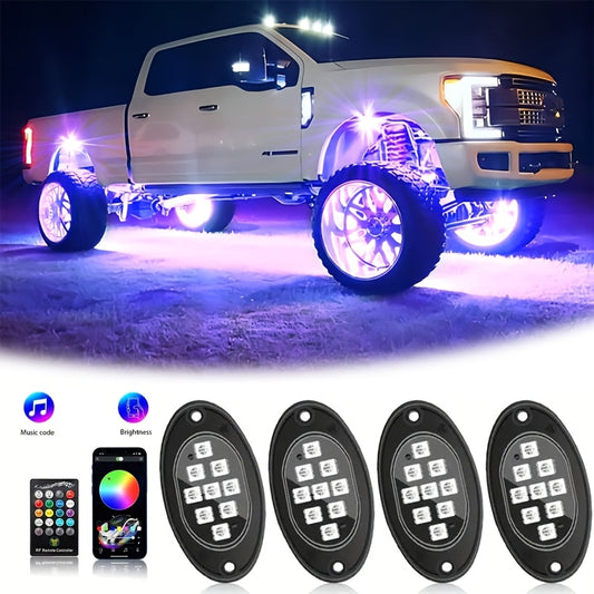Truck Rock Lights RGB LED Rock Light Kit, Dreamy RGB Multicolor Sound-Activated Wireless Remote/APP Dual-Control Car Chassis Decoration Lights, Multi-Color Car Underbody Lights, 9 Large Light Beads, Footwell Neon Light Kit, Suitable for Pickup
