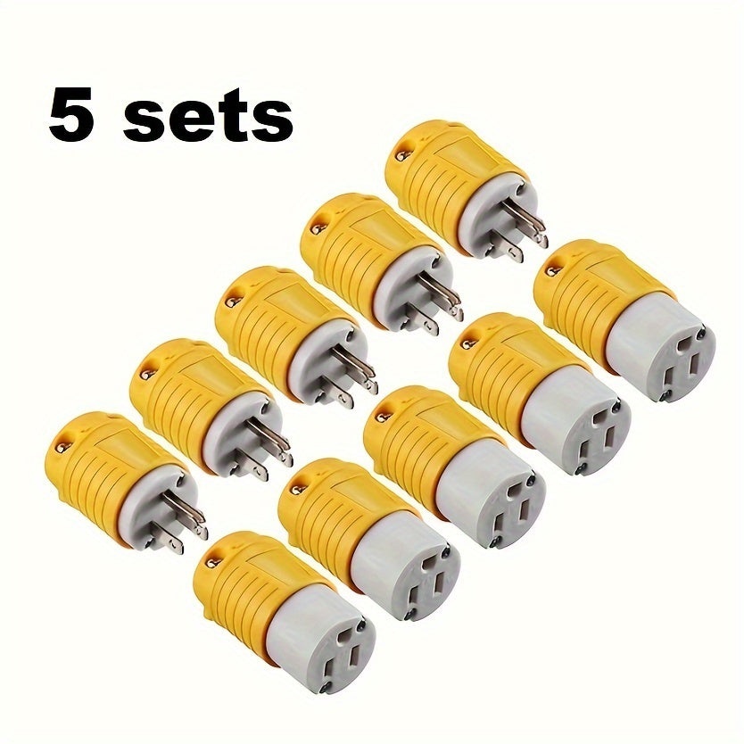 Set of 1/3/5 Male And Female Connectors, American Industrial RV Replacement Plug Set NEMA 5-15R 15A 125V, Straight Connector, Yellow Color, Without Battery RV Plugs, Inlets & Receptacles