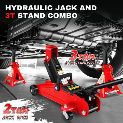 2/2.5/3 Ton Capacity, Jack Kit Low Profile Hydraulic Trolley Service/Floor Jack Combo, Multiple Meal Plans to Choose from 3 Ton Jack Stands 2PCS, Tire Repair Kit, 14-inch Wheel Cross Wrench, Wheel Chock, Jack Accessories Red/Blue