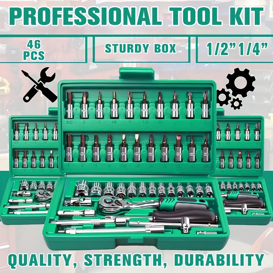 [48pcs Tool Set] Socket Wrench Set, 48pcs Tool Set - 1/2-inch Sockets, 46/51/129pcs with 1/4-inch Ratchet Wrenches, Including Extension Rods, Universal Slide Rail Extension Tubes, Containing 72-tooth Ratchet Wrenches, Suitable for Automotive Repair And Ho