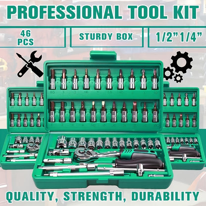 [48pcs Tool Set] Socket Wrench Set, 48pcs Tool Set - 1/2-inch Sockets, 46/51/129pcs with 1/4-inch Ratchet Wrenches, Including Extension Rods, Universal Slide Rail Extension Tubes, Containing 72-tooth Ratchet Wrenches, Suitable for Automotive Repair And Ho