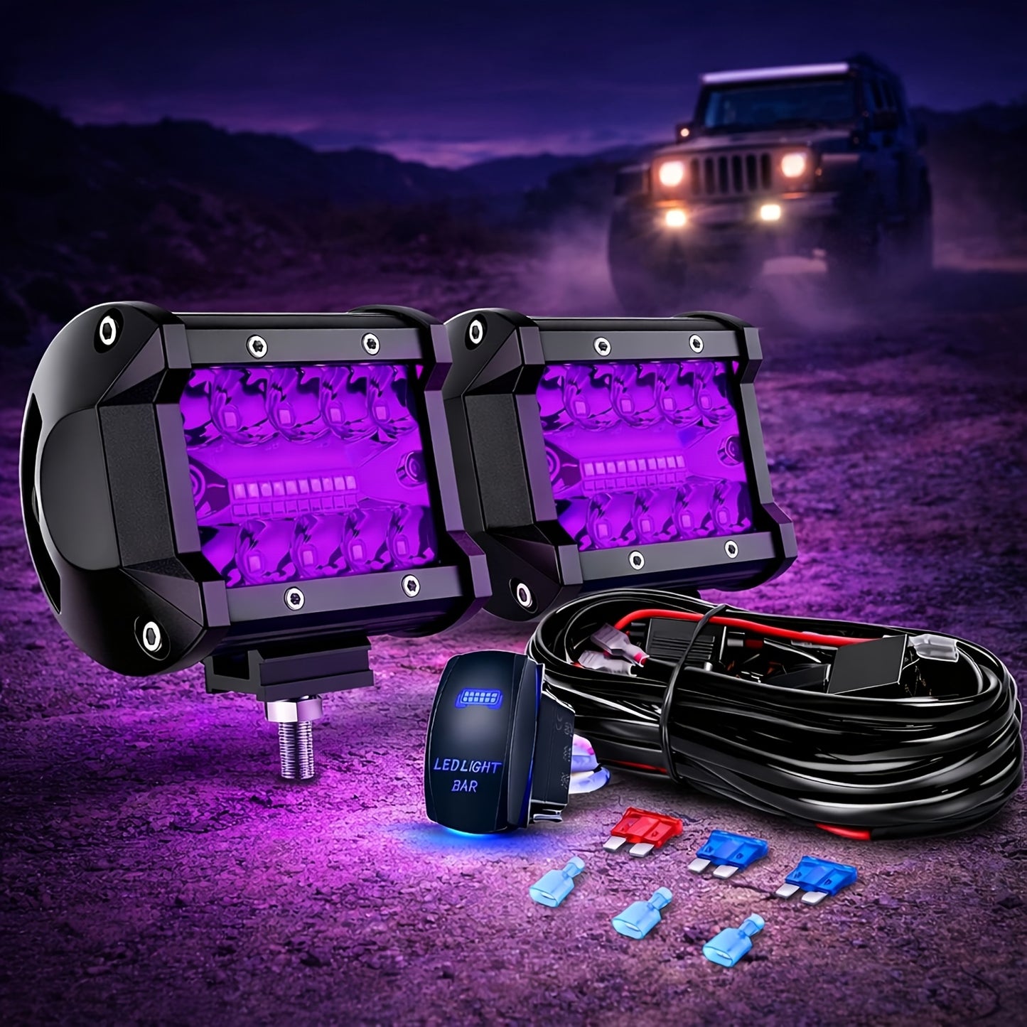 [LED Pod Lights] 4 Inch LED Pod Lights, Flood LED/Driving/Off Road Lights LED Light Bar With 2 Leads Wiring Harness, Cube Pods For Truck Boat ATV UTV, 2pcs Red, Without Battery