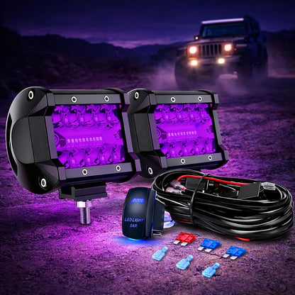 [LED Pod Lights] 4 Inch LED Pod Lights, Flood LED/Driving/Off Road Lights LED Light Bar With 2 Leads Wiring Harness, Cube Pods For Truck Boat ATV UTV, 2pcs Red, Without Battery
