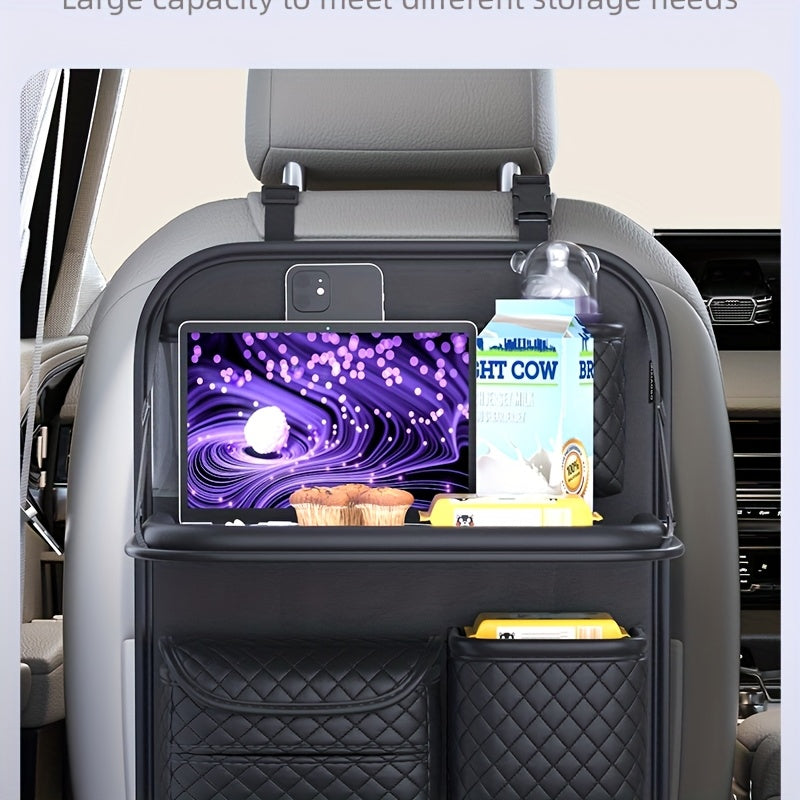 2025 New Spacious Faux Leather Car Seat Back Storage Bag | Foldable Organizer Featuring Tablet Holder, Cup Holder & Mesh Pocket, Versatile Car Seat Back Organizer for Rear Seats, Perfect Gift