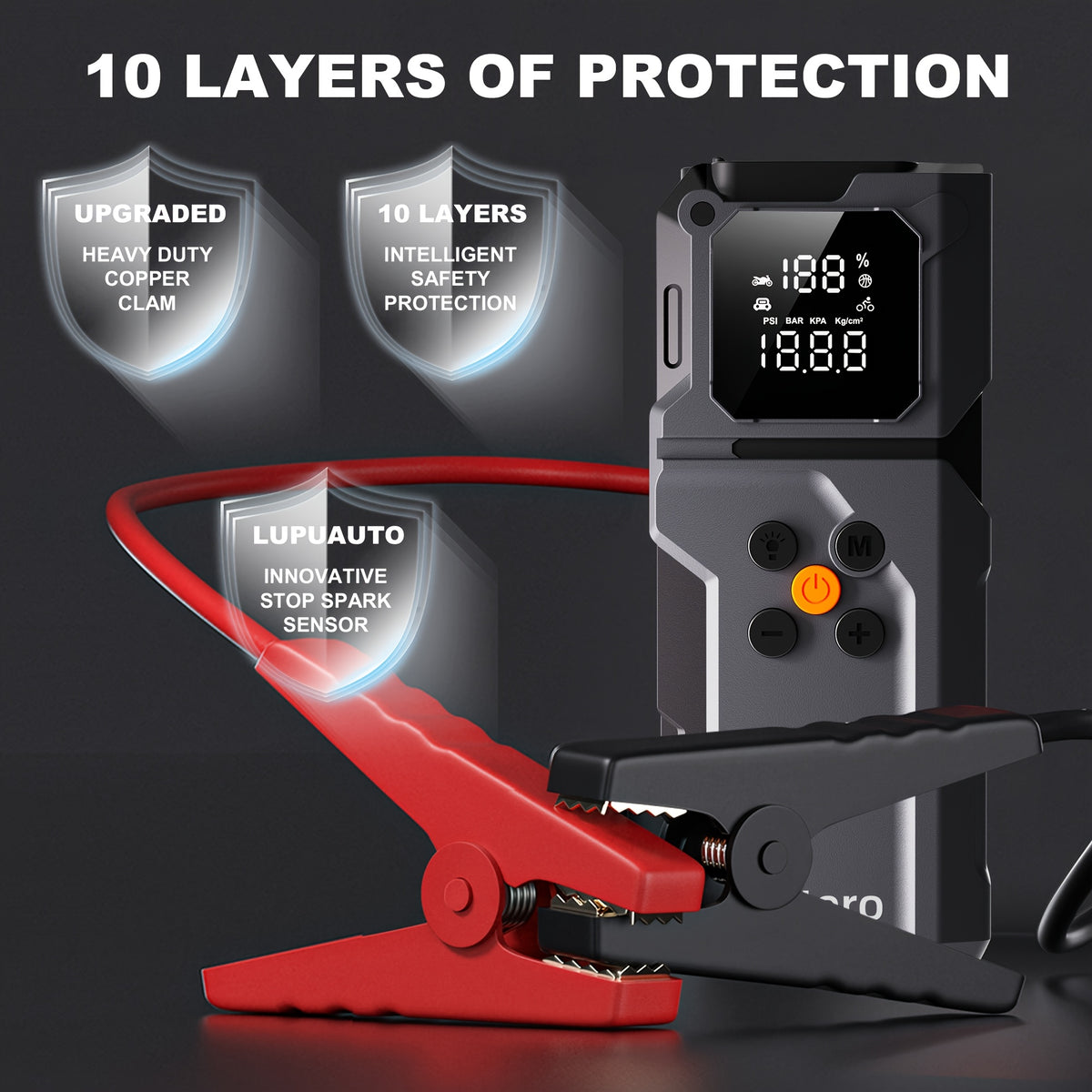 Jump Starter with Air Compressor 10000A 160PSI, 8000mAh Portable Battery Pack for Gas 3.7G & Diesel 3.17G, USB-C QC3.0, 3-Mode Flashlight, Large Display — Giatero Q27