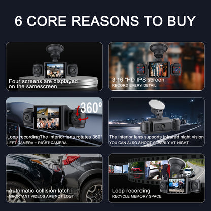 BCUOZ 360° Panoramic 3/4-Channel 1080P Full HD Ultimate Safety Dash Cam Set, 1080P Front + 720P Rear/Left/Right All-Round Coverage, 2.4" Quad-Screen Split Display, Super Night Vision, WDR, G-Sensor, Loop Recording - Auto Parts/ Car Dashboard Camera/