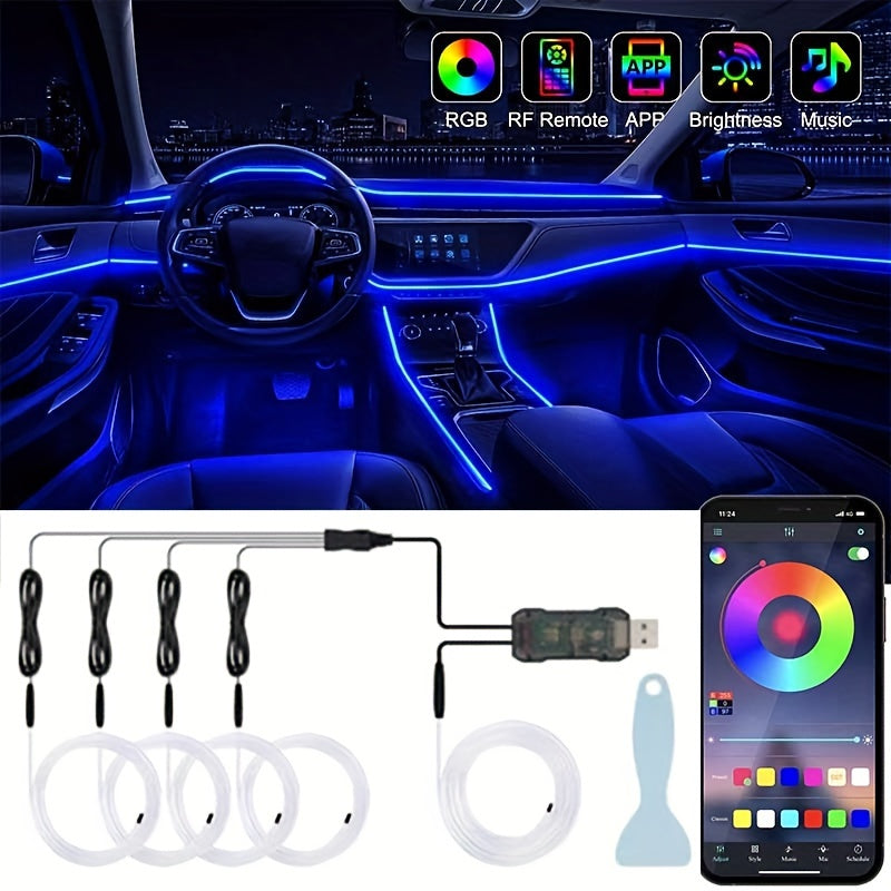 [RGB Multi-Color LED] Automotive LED Interior Light Strip, 5in 1 276 Inch RGB Multi-Color, with Optical Fiber Ambient Lighting Kit, Button And APP Control, Car Car Plug LED Light Strip with Music Synchronization Mode, Without Battery