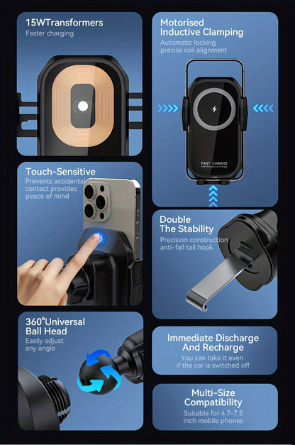 Fast Charging Wireless Car Charger with Auto-Clamping Mount, Compatible with Iphone 16/15/14/13/13 Pro/12 Pro Max/12 Pro/12/11/10 Series And Samsung Galaxy Series, Offering 15W/10W/7.5W Charging Through Air Vent
