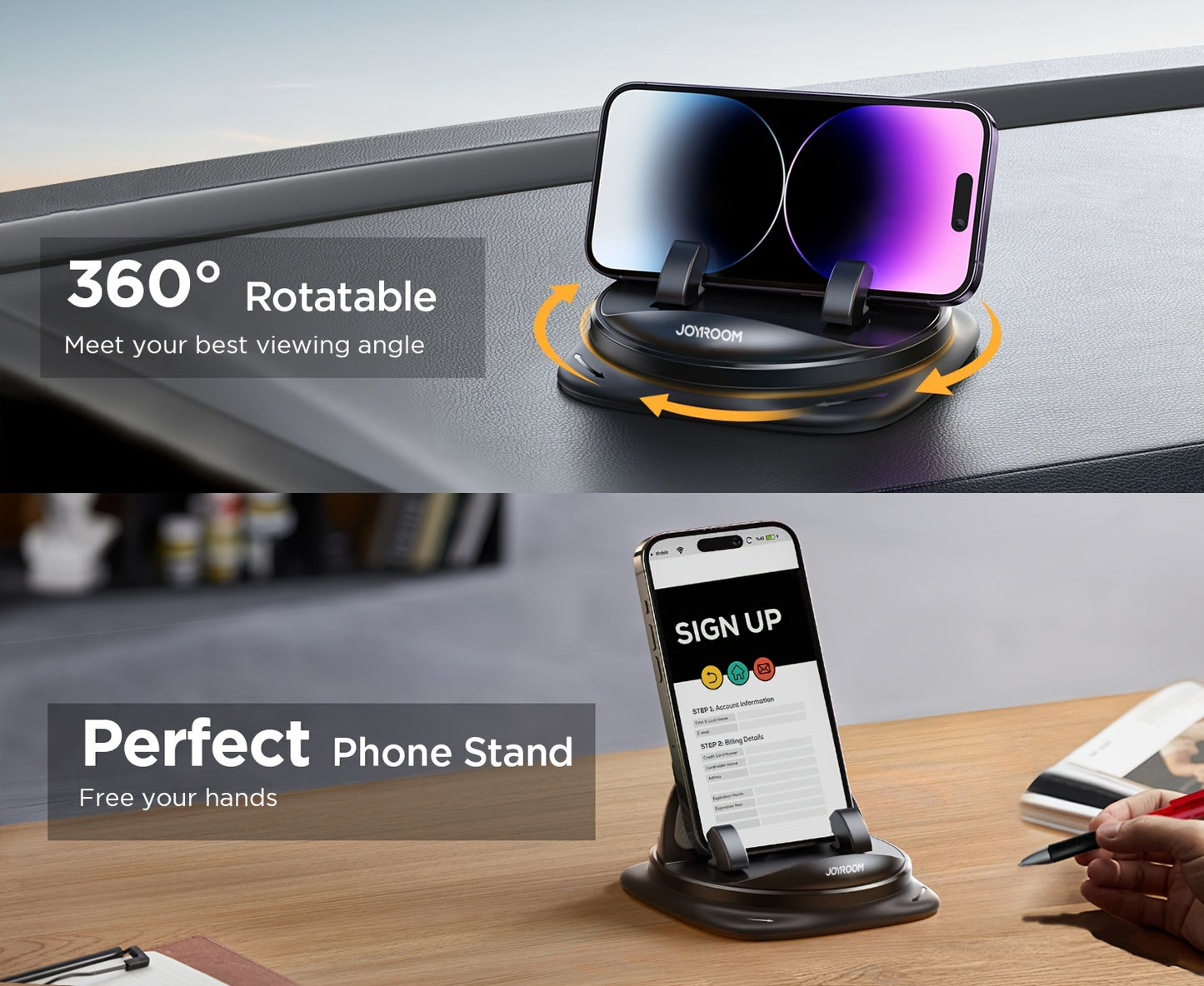 JOYROOM  Phone Holder Mount - Rotatable Dash-Mounted Holders, Non-Slip, ABS,, Heat , Spring-Loaded Grip for iPhone,  & Smartphones
