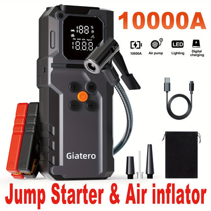 Jump Starter with Air Compressor 10000A 160PSI, 8000mAh Portable Battery Pack for Gas 3.7G & Diesel 3.17G, USB-C QC3.0, 3-Mode Flashlight, Large Display — Giatero Q27