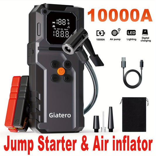 Jump Starter with Air Compressor, 10000A 160 PSI Portable Jump Starter Battery Pack (Suitable for 3.7 Gallons Of Gasoline Or 3.17 Gallons Of Diesel) Equipped with USB Type-C Output with QC 3.0, Large Display, 3 Modes Flashlight And Jumper Cable Black