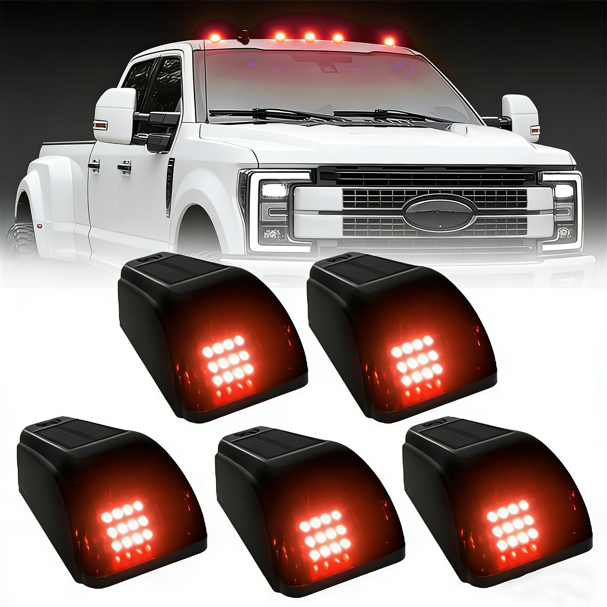 Solar Powered Cab Roof Lights 5-Pack Wireless 16 LED Amber Truck Marker Lights Motion Vibration Sensor No-Drill No-Wire Universal Fit