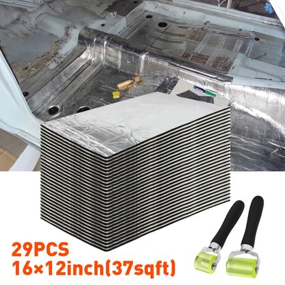 29pcs of 16 by 12 Inch Car Insulation Pads, Covering 37 Square Feet, Designed for Soundproofing. These Insulation Materials Come with a Strong Adhesive And a Roller, Making Them Ideal for Use on Car Hoods, Doors, Cargo Areas, And Ceilings
