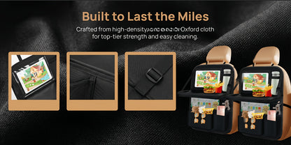 Car Backseat Organizer with Tablet Holder, 6 Storage Pockets Car Storage Organizer with Foldable Food Tray, Protectors Kick Mats Travel Accessories-Black