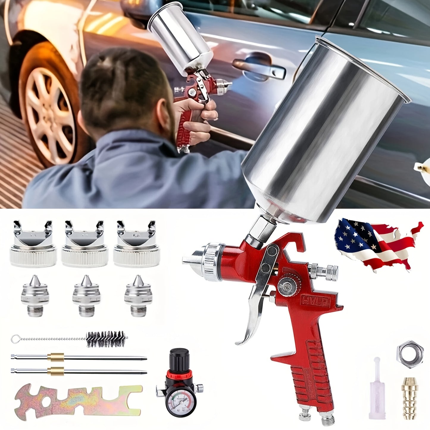 Set of High-Efficiency HVLP Gravity Feed Spray Guns Featuring 1.4, 1.7, And 2.0MM Nozzles, Complete with a 1000Cc Aluminum Cup, Suitable for Automotive Painting, Wall Applications, Base Layers, Clear Coats, And Touch-Ups (In Red)