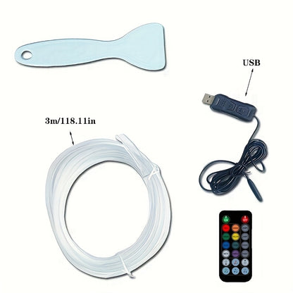 RGB Car Interior LED Light Kit, USB Powered with App & Remote Dual Control, Music Sync Fiber Optic Strip Lights for Dashboard & Door, Battery-Free Ambient Atmosphere Christmas Decorative Lighting, Easy Installation, DIY Car Mod